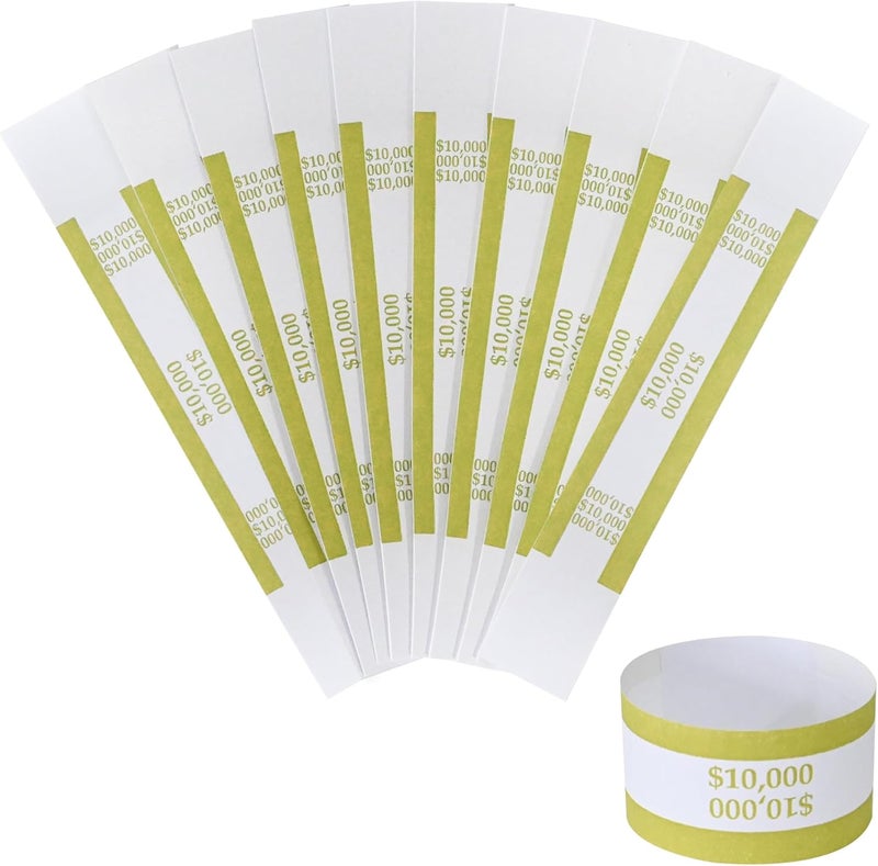 Essential 100 Pcs Currency Straps - Bill Wrappers, Money Bands to Organize Bills, ABA Standard Colors, Self-Adhesive, 7.5 x 1.15 Inches ($10000/Gold) - Image 1